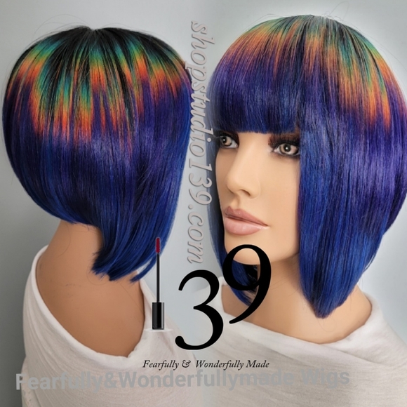 Human hair colorful bob wig with bangs - Picture 2 of 3